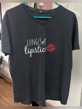 Lunges & Lipstick Graphic V‑Neck Tee - Black with Red Lip Print